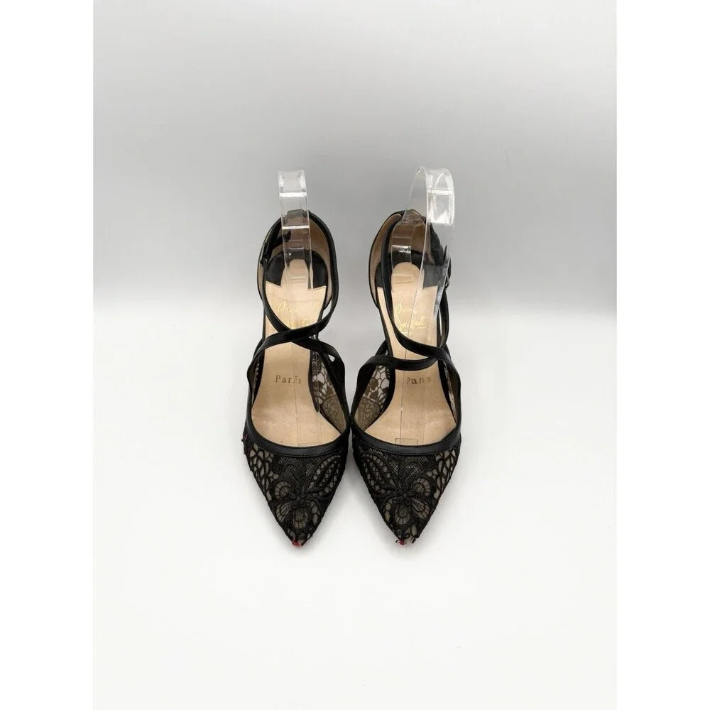 Christian Louboutin Black Leather & Lace Twistissima Pointed Heels Size EU 37.5